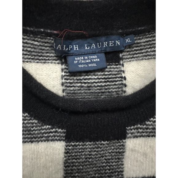 Ralph Lauren 100% Wool Buffalo Check Plaid Sweater, White Black, M Vintage Crew - Picture 10 of 16